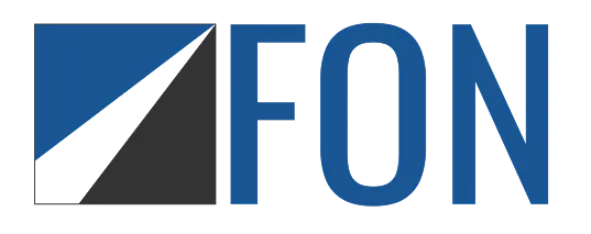 Logo with a square split diagonally into a blue upper-left triangle and a dark gray lower-right triangle, followed by the word 'FON' in blue capital letters.